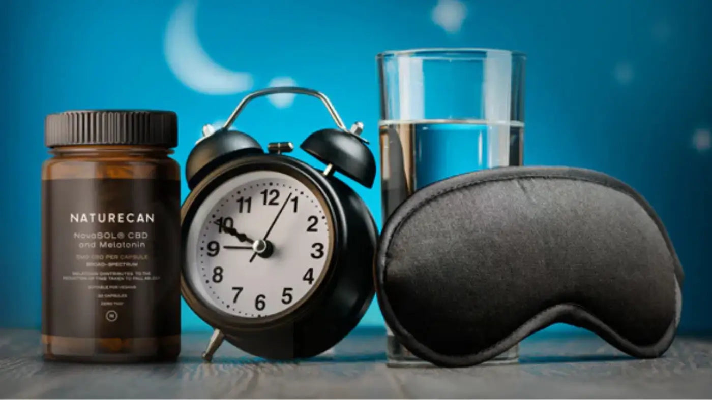 Melatonin pills on the left, alarm clock and glass of water on the middle and a sleeping mask on the right