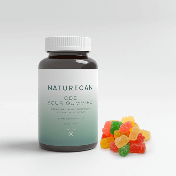 Naturecan CBD sour gummies bottle with colorful gummies beside it.
