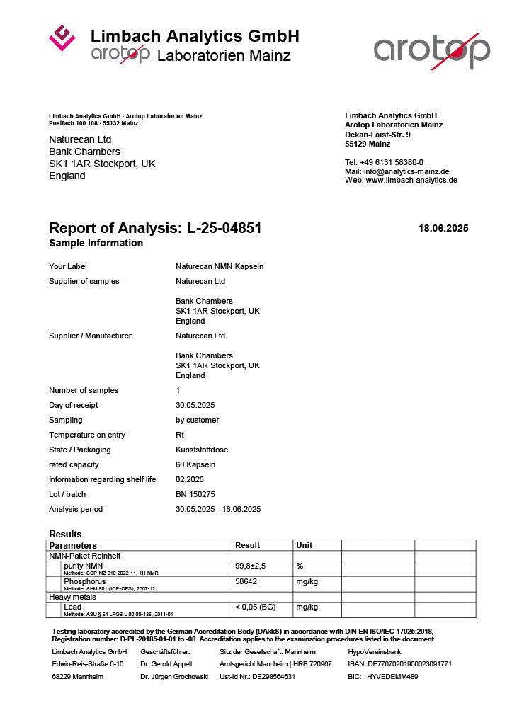 Analysis report from Limbach Analytics GmbH for Naturecan Ltd, detailing sample L-25-04851 with results dated 18.06.2025.