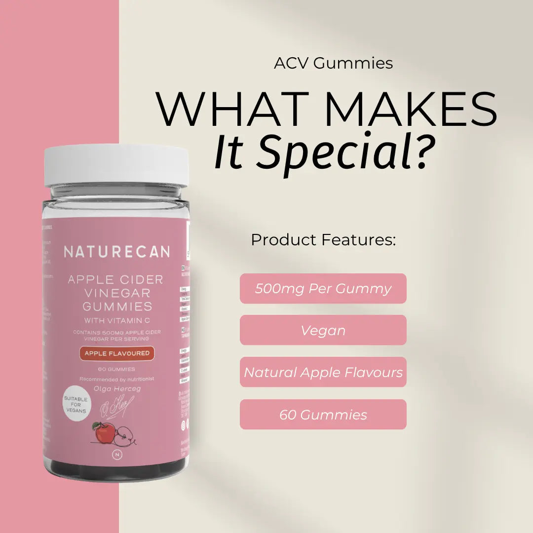 Naturecan Apple Cider Vinegar Gummies packaging highlighting vegan, 500mg per gummy, natural apple flavors.