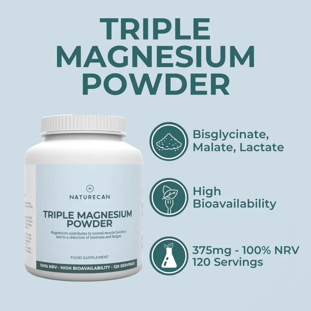 Triple Magnesium Powder container with key features on a light blue background