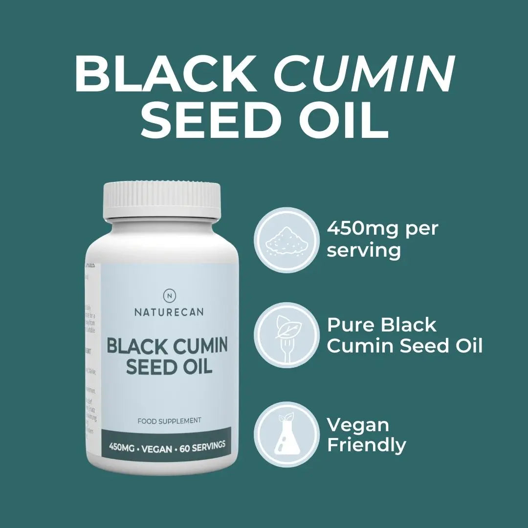 Naturecan Black Cumin Seed Oil bottle with product details on a green background