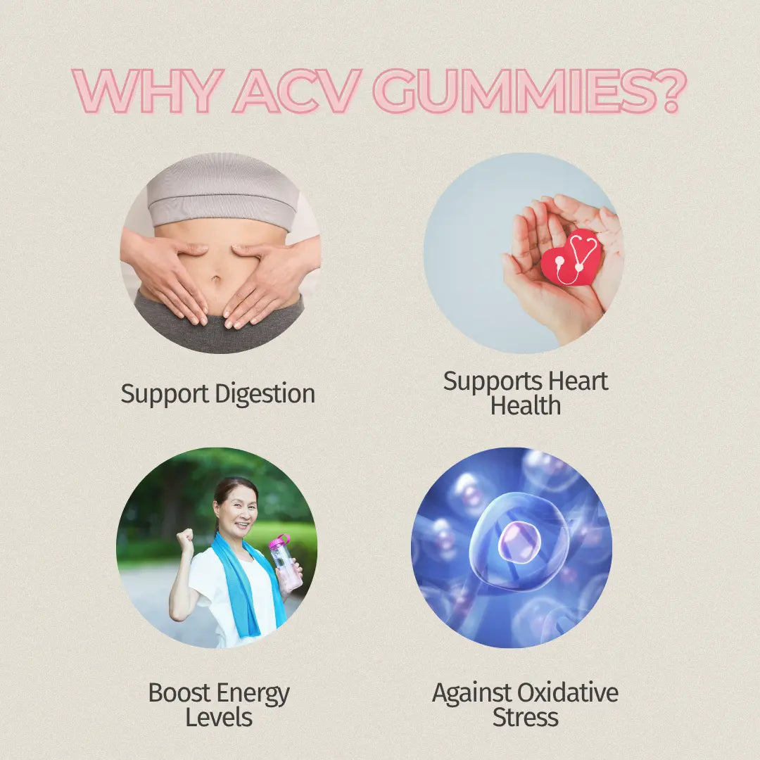 Benefits of ACV gummies: digestion, heart health, energy boost, and oxidative stress protection.