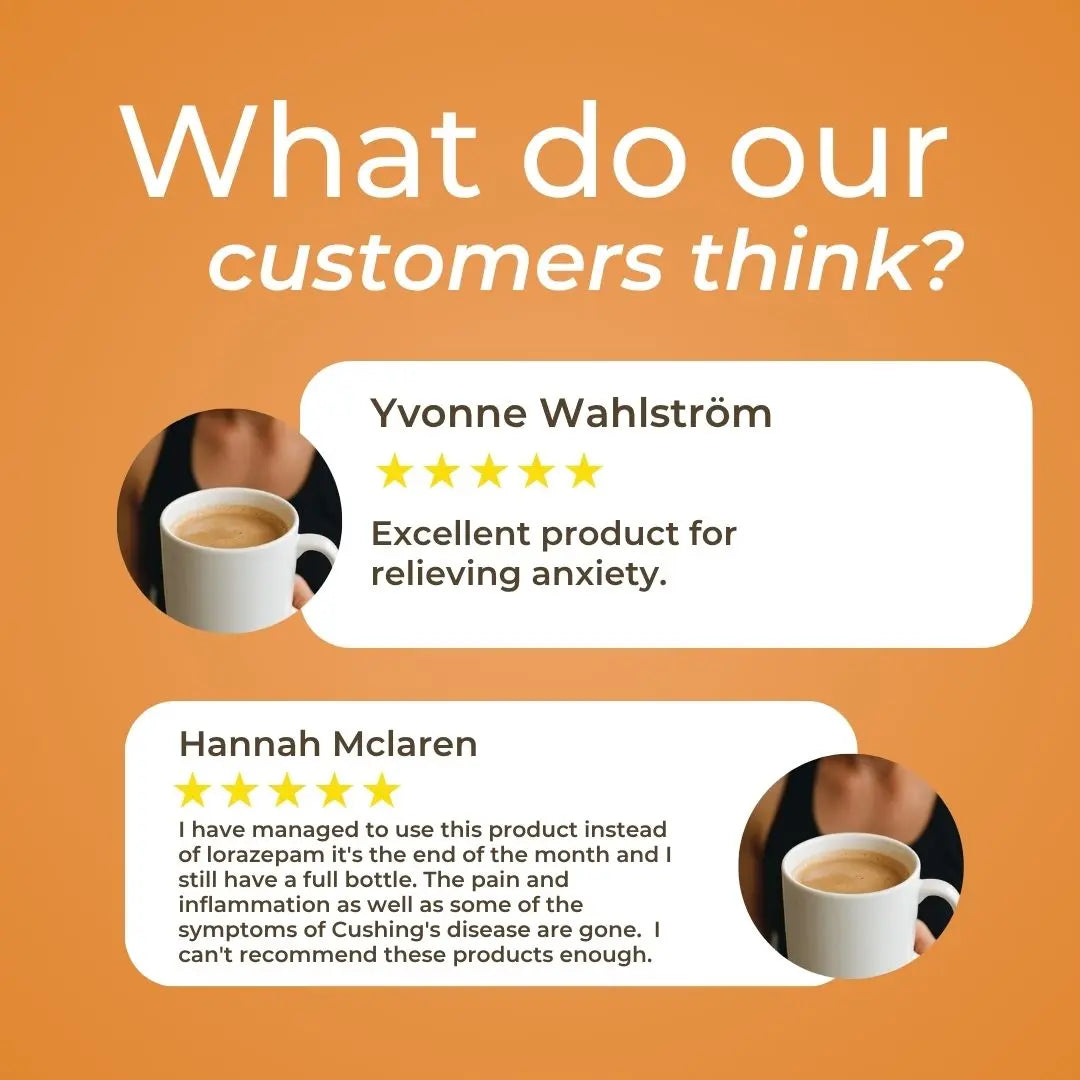 Orange background with customer reviews and coffee cups.