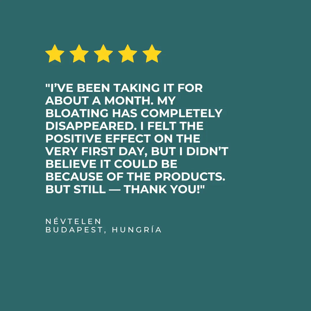 Five-star review with testimonial about reduced bloating from Budapest, Hungary, on a teal background.