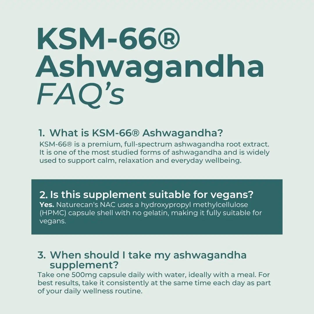 An informational FAQ graphic titled 'KSM-66 Ashwagandha FAQ's' on a pale green background, with three text questions and answers about the supplement.
