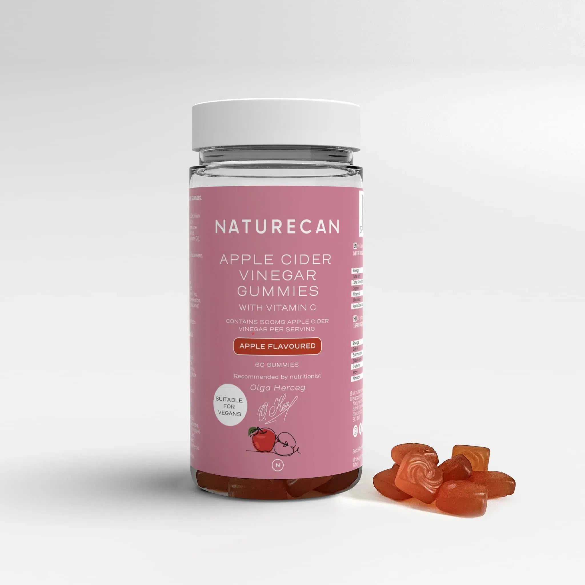 Naturecan apple cider vinegar gummies packaging with Vitamin C, showcasing apple flavor and vegan suitability.