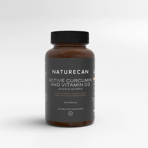 Naturecan Active Curcumin and Vitamin D3 supplement bottle with black cap and label.
