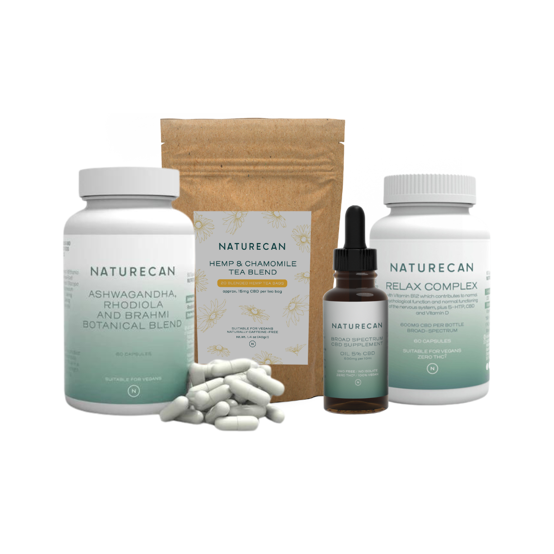 Naturecan Anti-Stress Bundle with herbal supplements, CBD oil, and tea blend in minimalist packaging.