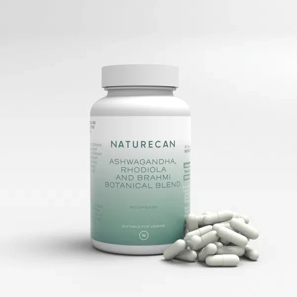 Naturecan Ashwagandha, Rhodiola, and Brahmi Botanical Blend bottle with scattered capsules.