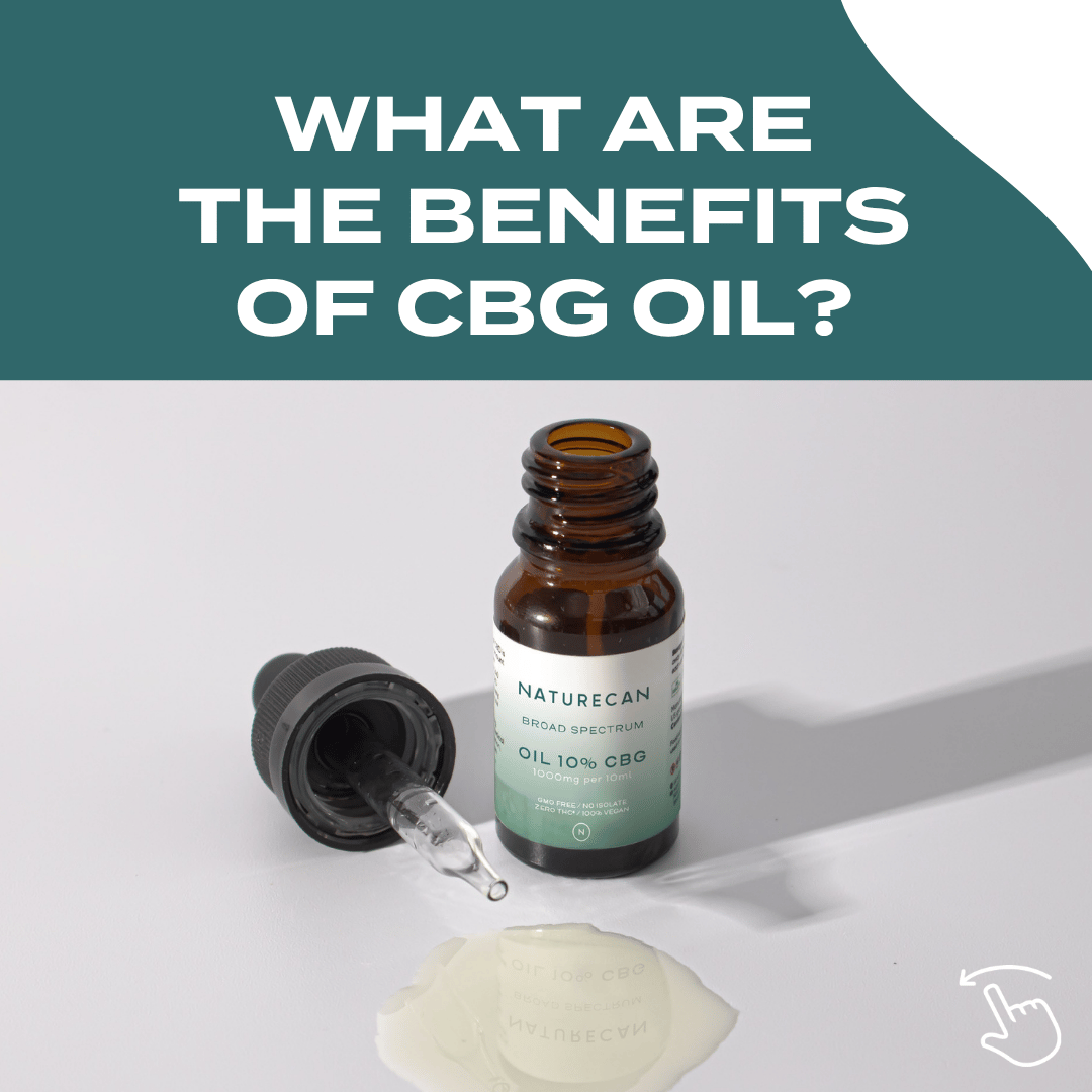 Naturecan CBG oil bottle with dropper and spilled oil on a white surface.