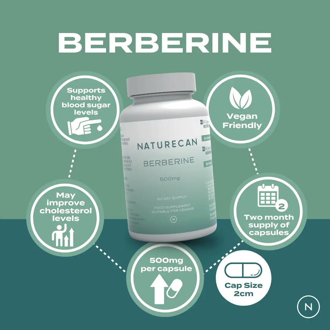 Naturecan Berberine supplement bottle with benefits like blood sugar support, vegan-friendly, 500mg per capsule, two-month supply.
