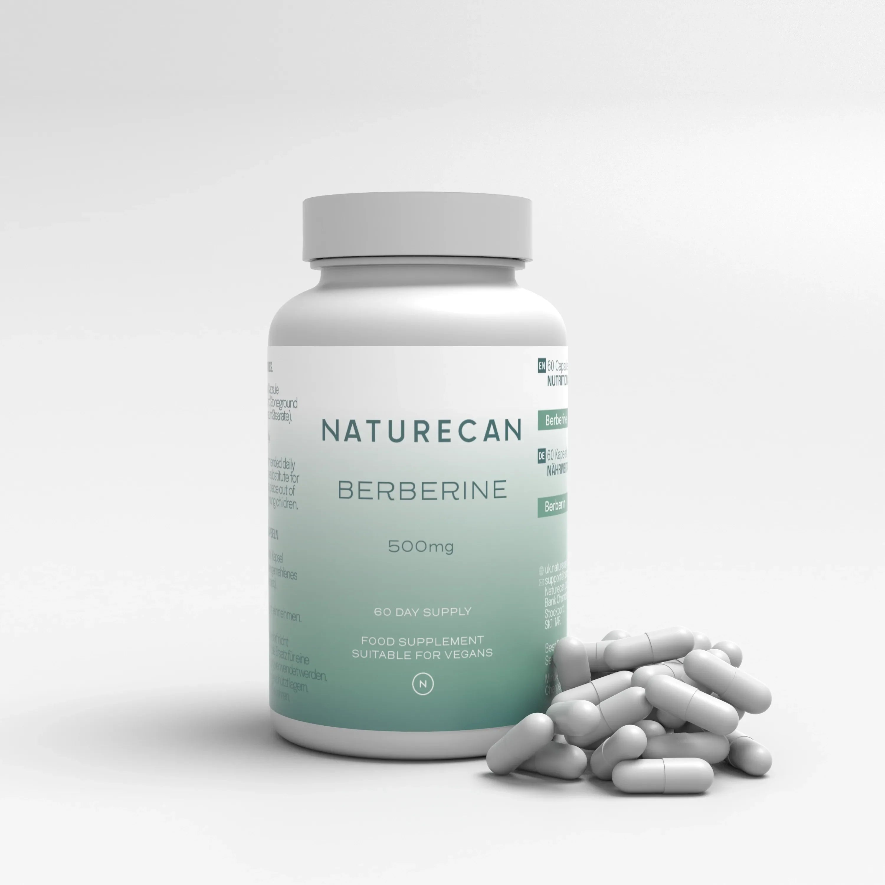Naturecan Berberine supplement bottle with capsules, labeled 500mg, suitable for vegans, 60-day supply.