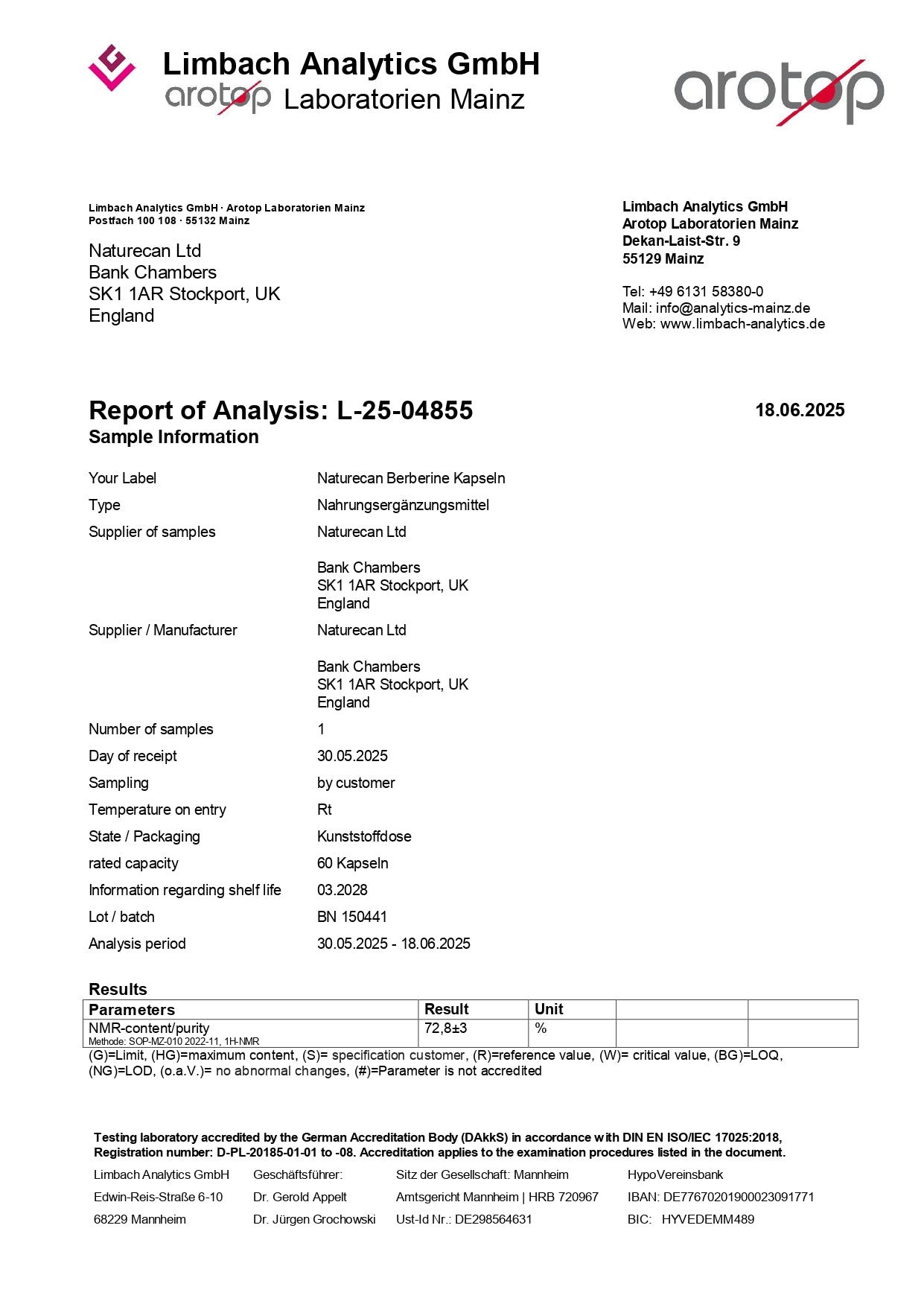 Berberine supplement analysis report from Limbach Analytics GmbH, dated June 18, 2025, for Naturecan Ltd.
