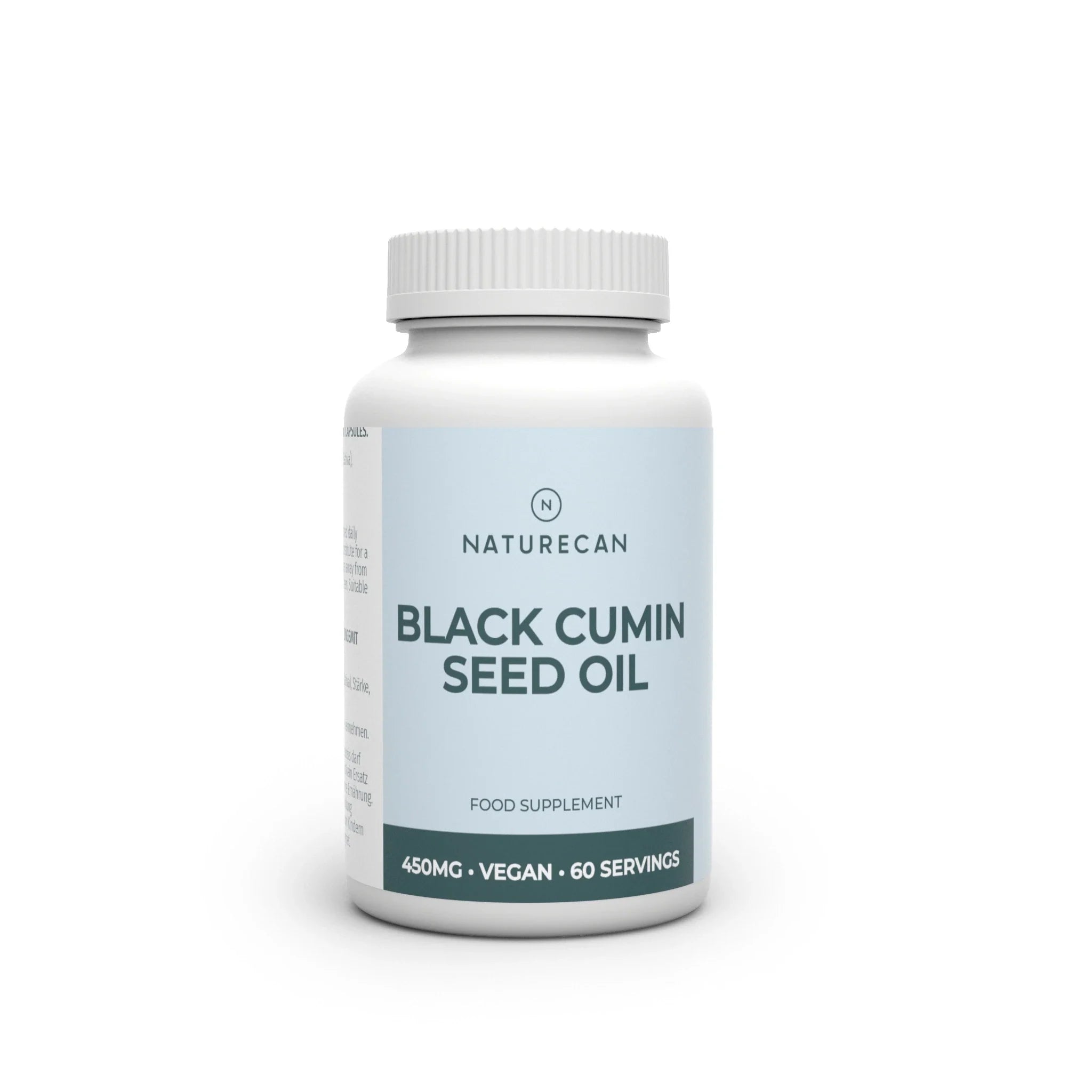 Bottle of Naturecan Black Cumin Seed Oil on a white background