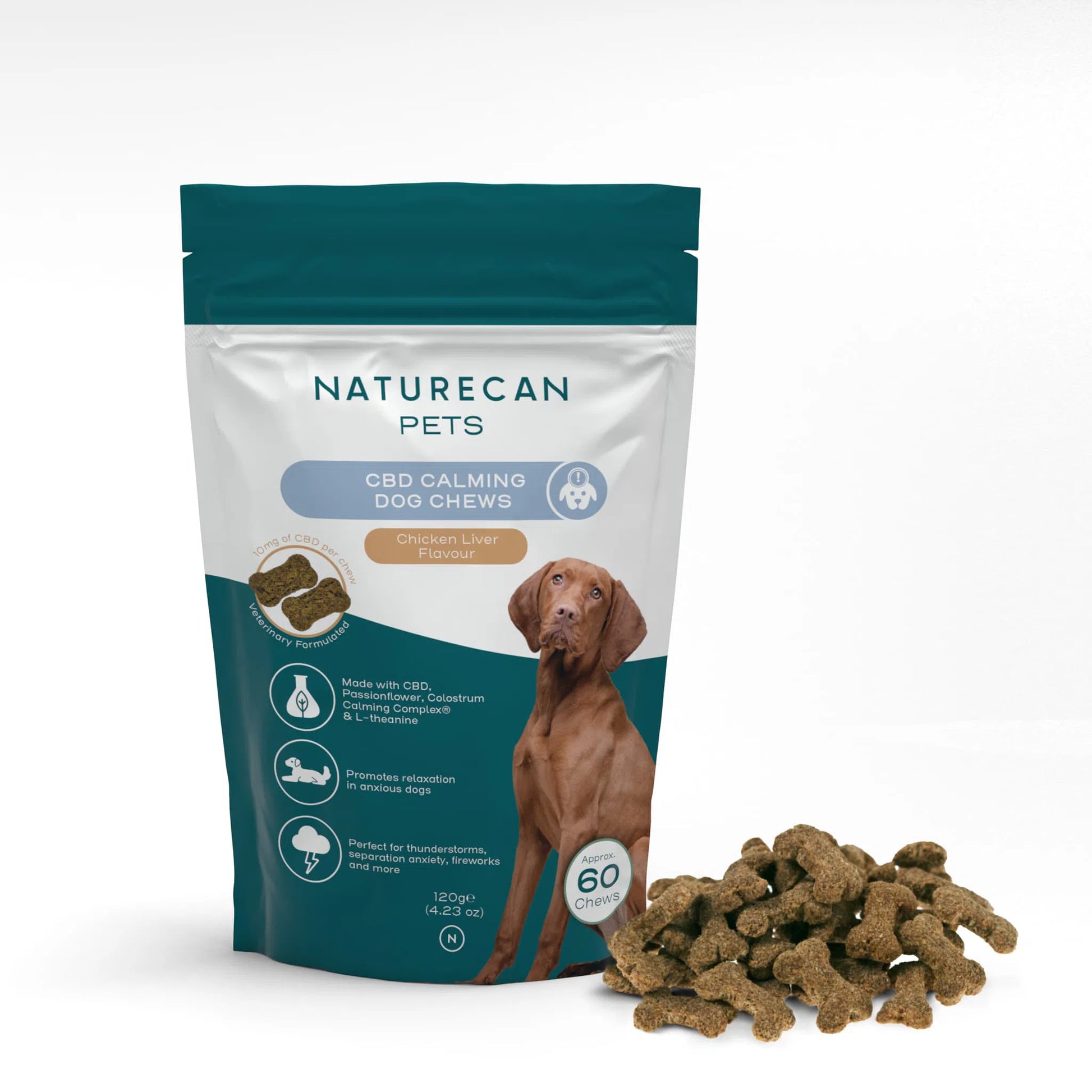 Naturecan Pets CBD calming dog chews packaging with chicken liver flavor and a pile of chews beside it.