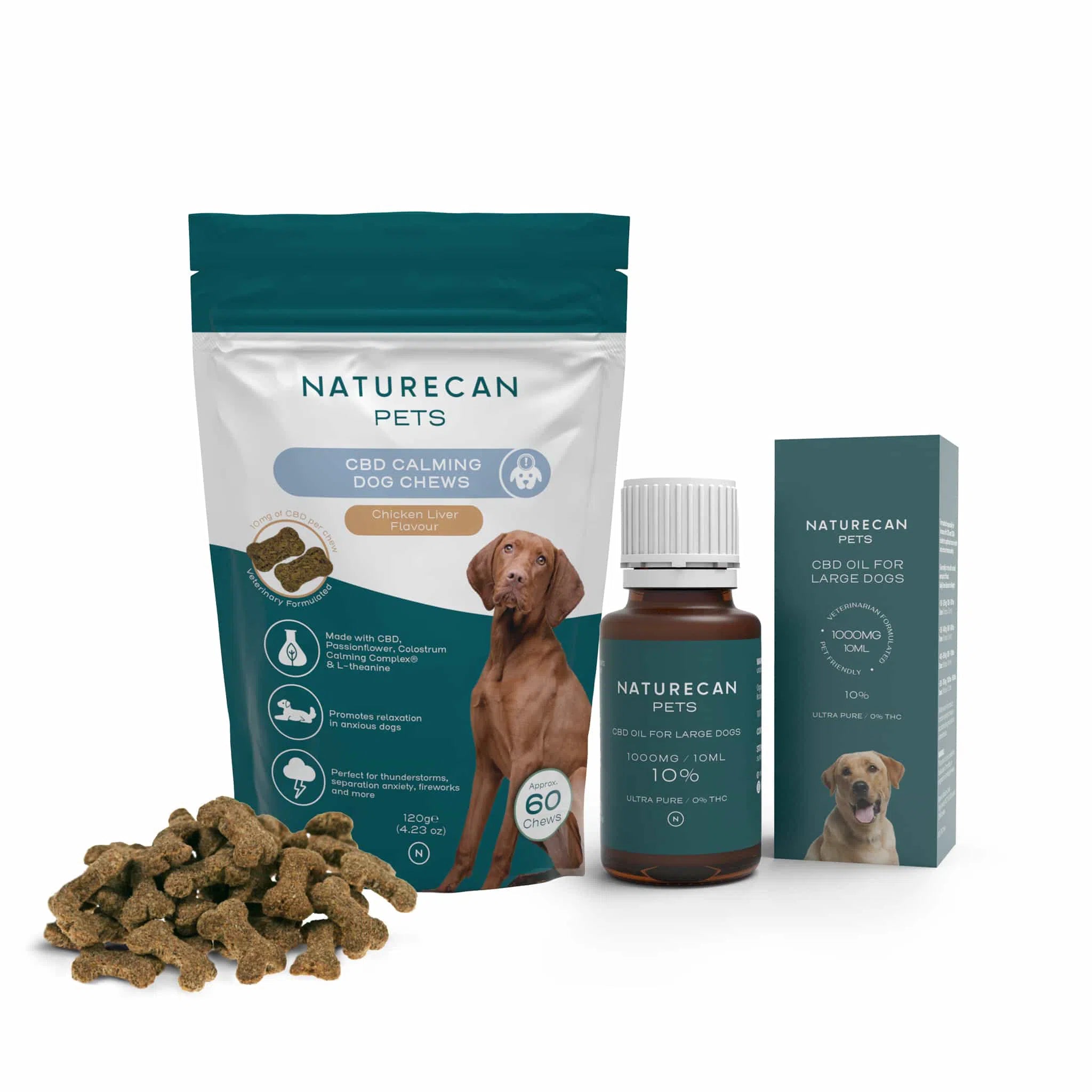 Naturecan Pets CBD Calming Dog Chews and Oil Bundle for large dogs, featuring chicken liver flavor and 1000mg CBD oil.
