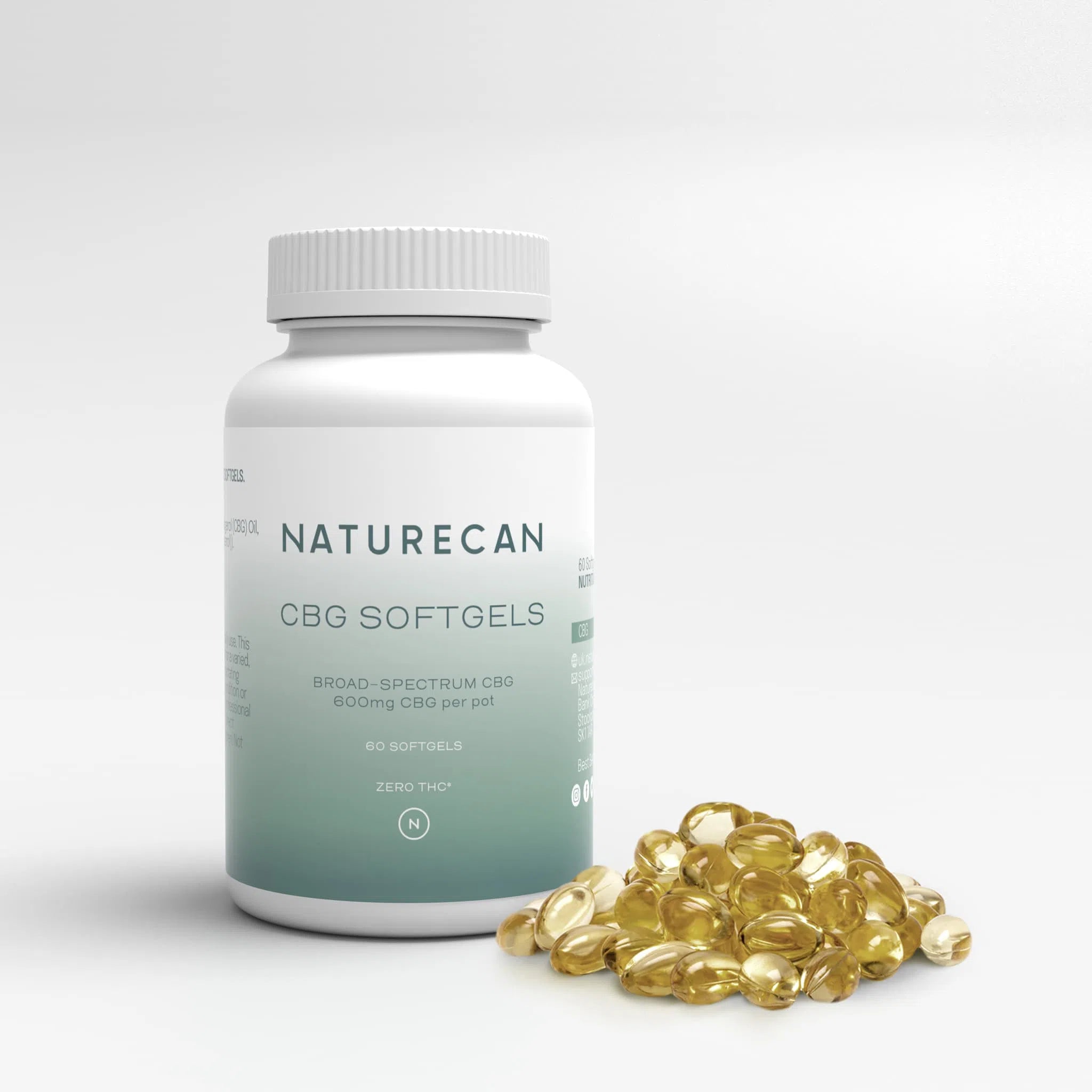 Naturecan CBG softgels bottle with scattered capsules, labeled for broad-spectrum CBG, 600mg per pot, 60 softgels.