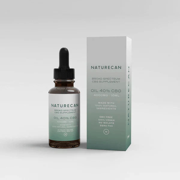 Naturecan CBG oil bottle and packaging, 40% CBG, 4000mg, 10ml, GMO-free, vegan, zero THC.