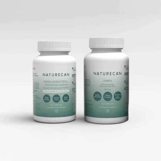 Naturecan Resveratrol and NMN supplement bottles with green gradient labels.