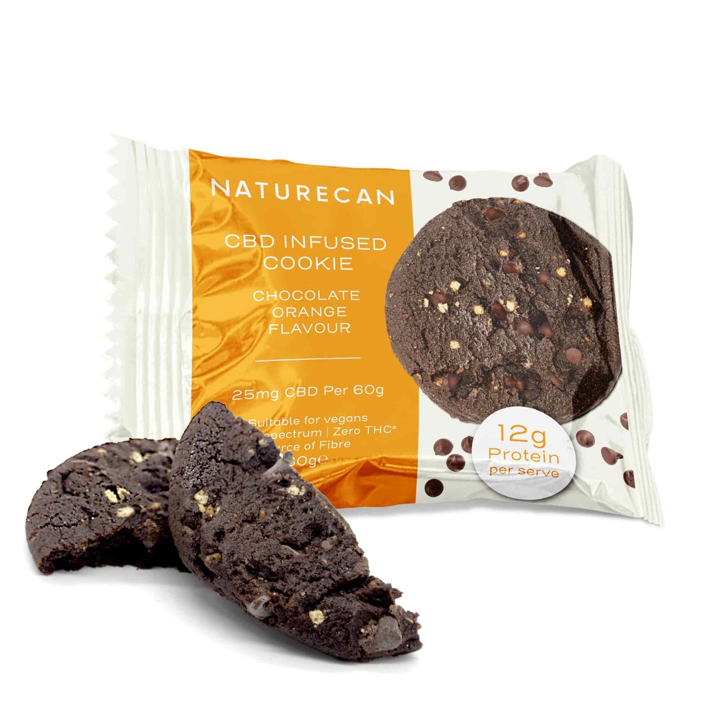 Naturecan chocolate orange CBD cookie packaging with a broken cookie in front.