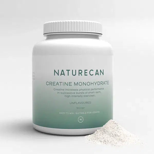 Naturecan Creatine Monohydrate packaging with white jar, green gradient label, and powder in foreground.