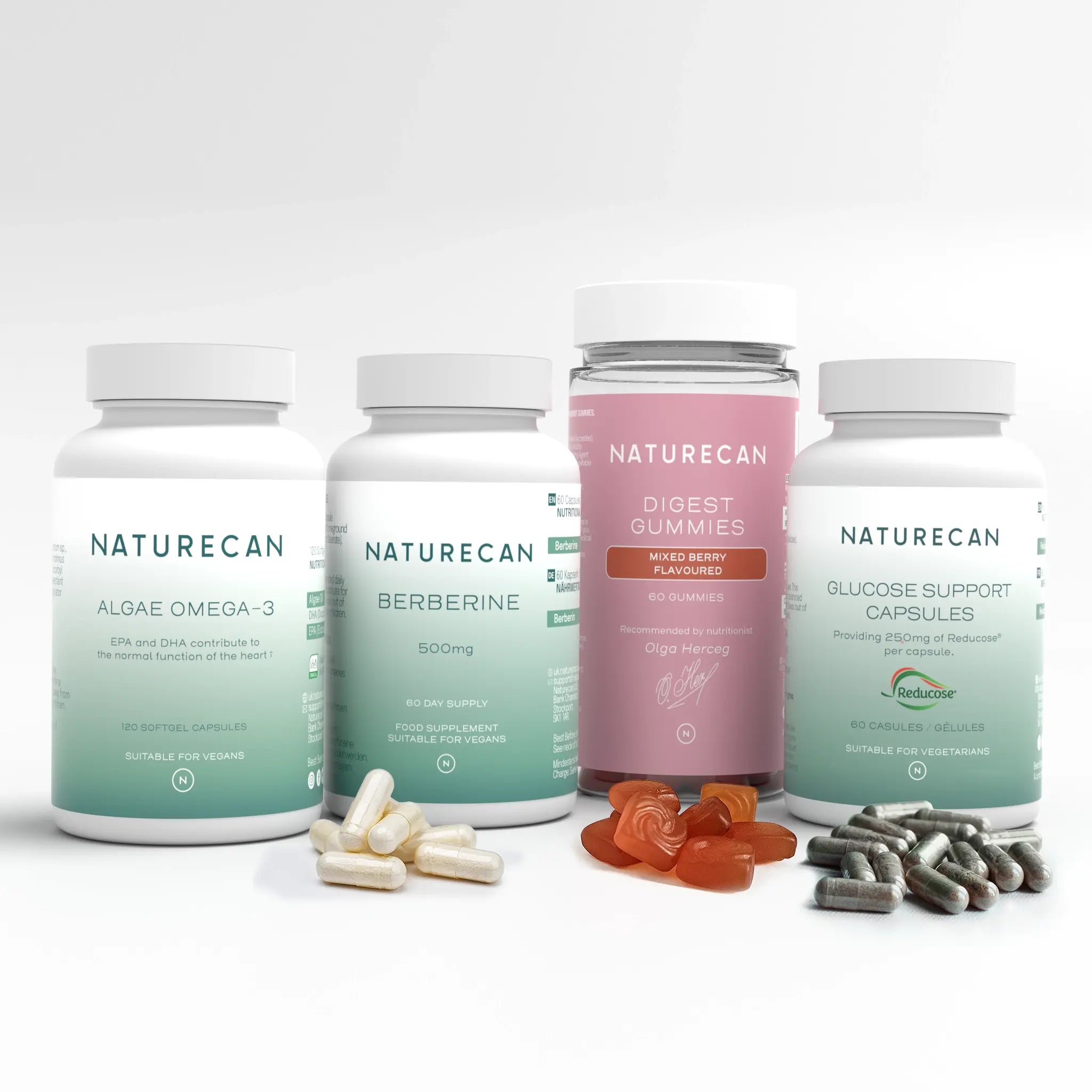 Naturecan supplement bundle with Algae Omega-3, Berberine, Digest Gummies, and Glucose Support Capsules.