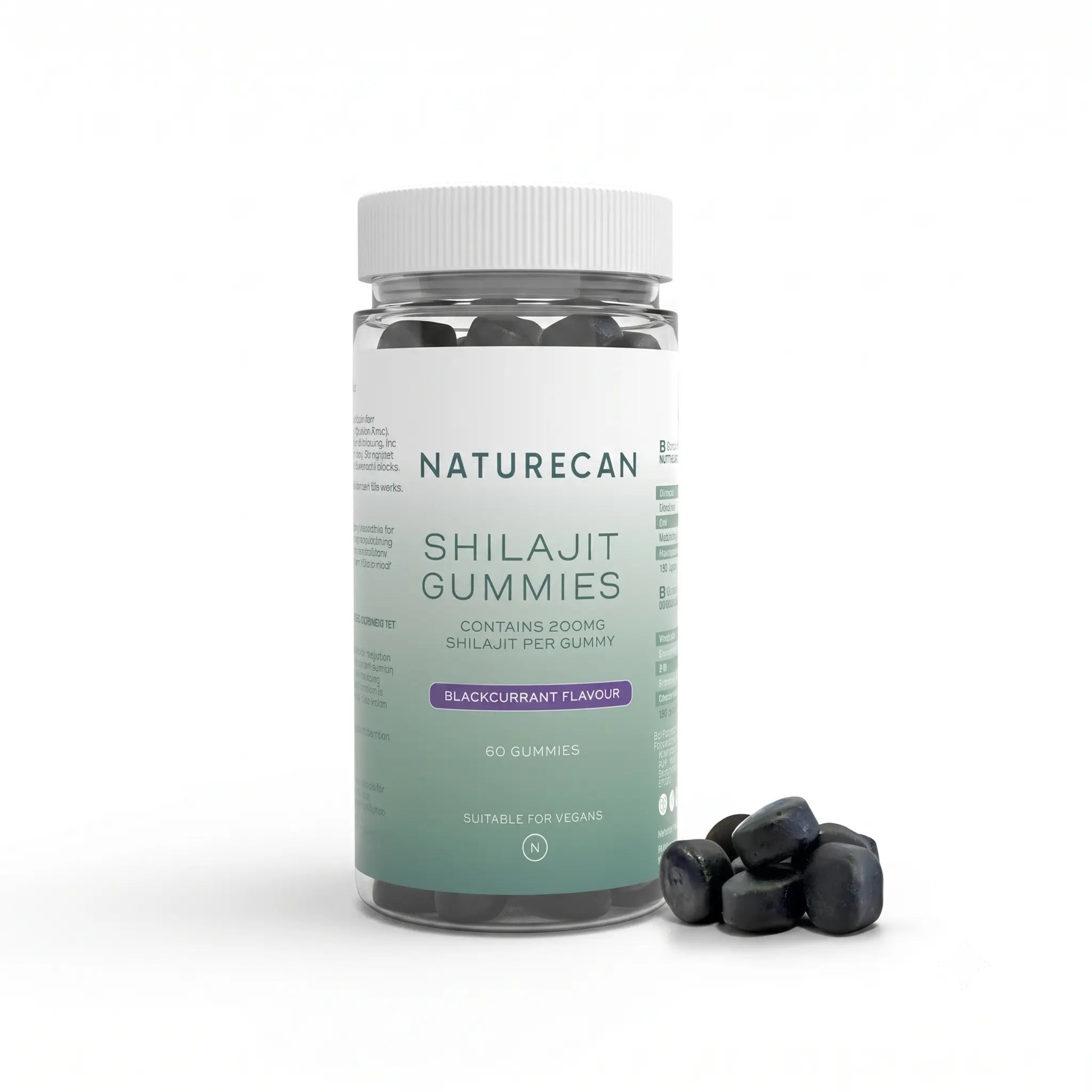 Bottle of Naturecan Shilajit Gummies with gummies on a white background