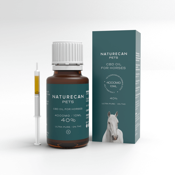 Naturecan Pets CBD oil for horses, 4000mg/10ml, 40%, with syringe and packaging featuring a horse image.