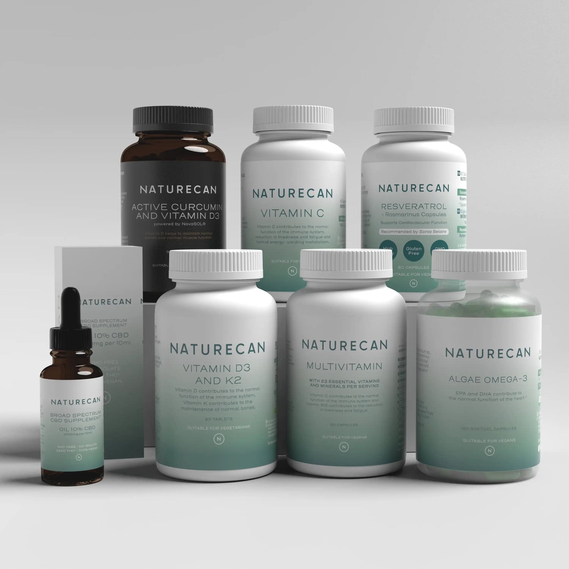 Naturecan supplement bundle including vitamins, omega-3, curcumin, and CBD oil.