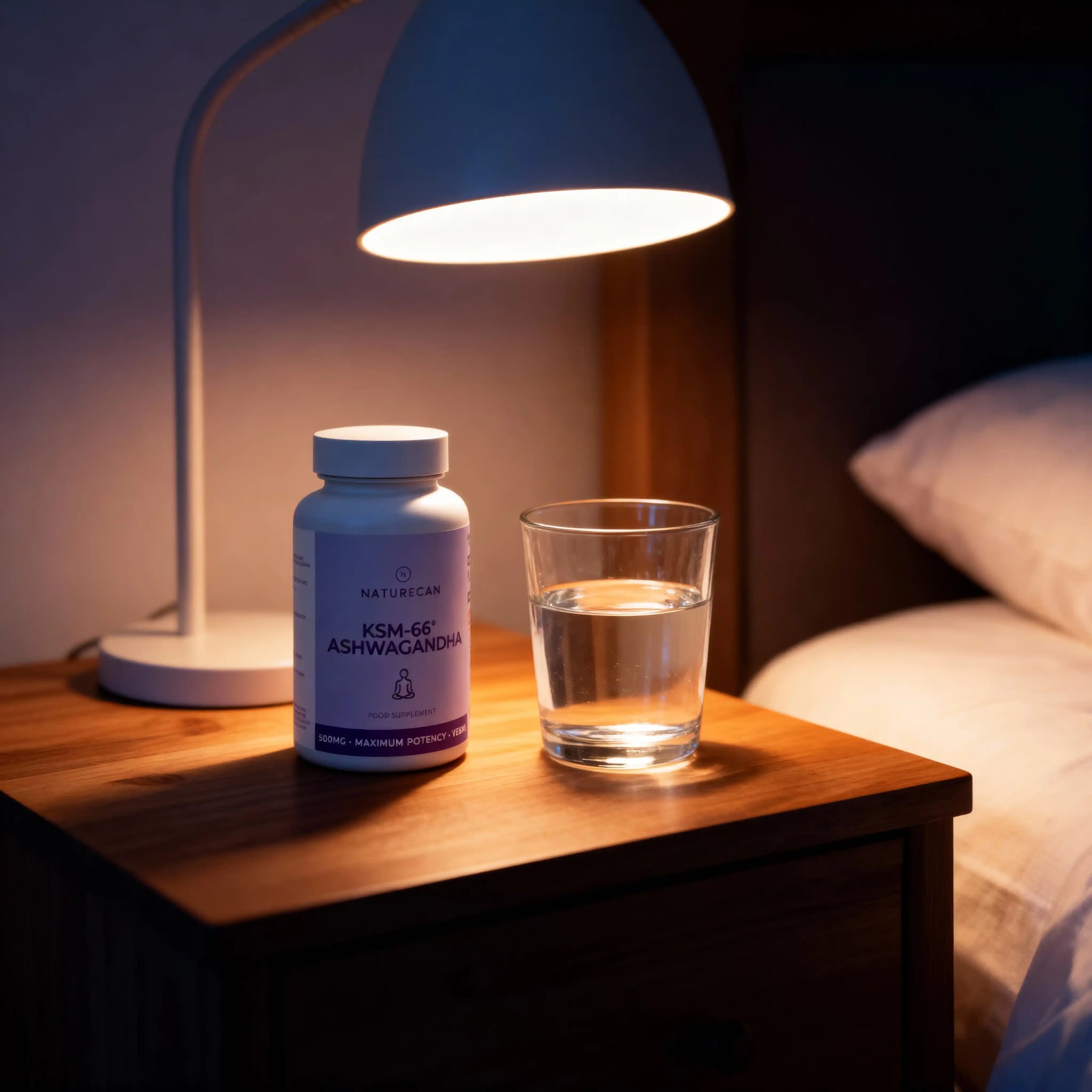 KSM-66 Ashwagandha supplement bottle and glass of water on a nightstand under a lamp.