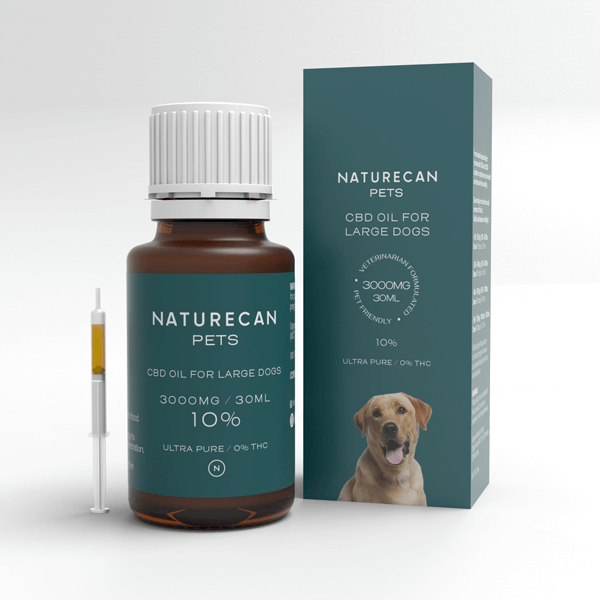 Naturecan Pets CBD oil packaging for large dogs, 3000mg/30ml, 10% strength, features a dog image and syringe.