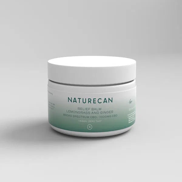 Naturecan relief balm jar with lemongrass and ginger, 1000mg CBD, on a plain background.