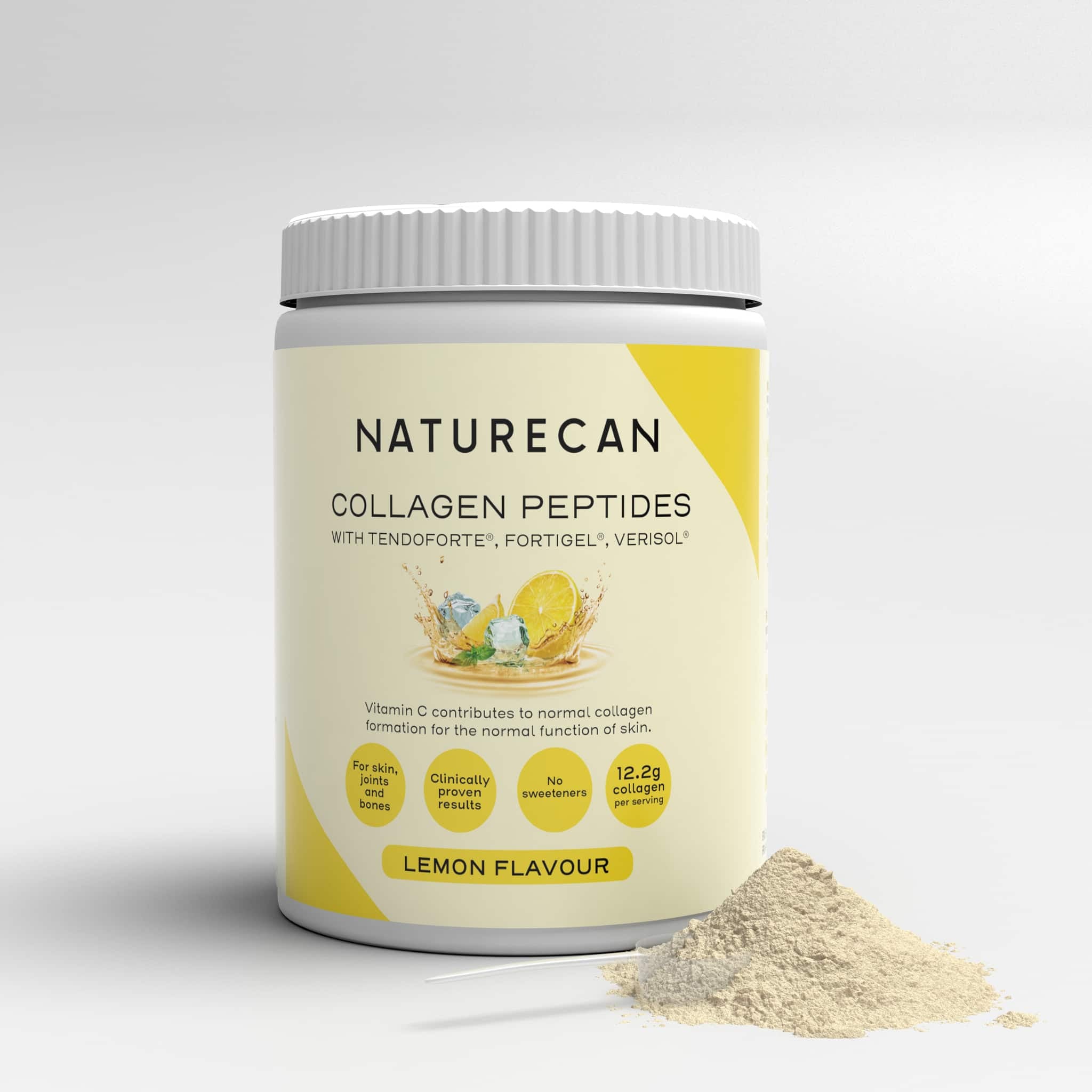 Naturecan Lemon Collagen Peptides Powder packaging with a lemon slice and powder scoop.