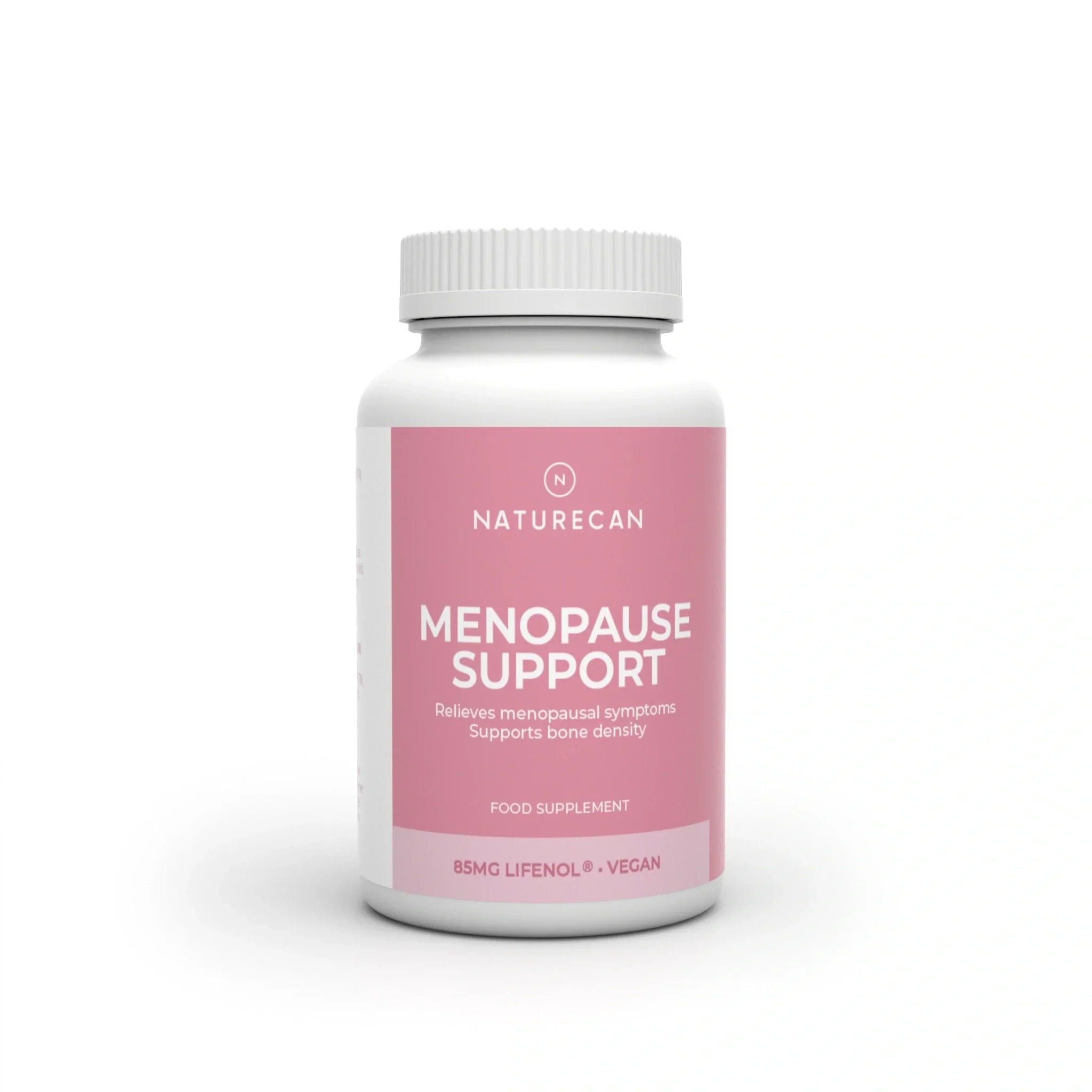 Naturecan Menopause Support bottle with pink label, featuring 85mg Lifenol, vegan formula for symptom relief and bone density.