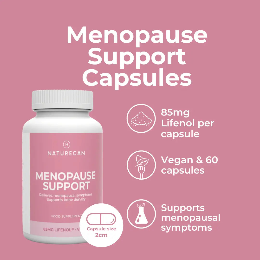 Menopause support capsule bottle with Lifenol, vegan, 60 capsules, 85mg per capsule, pink background.
