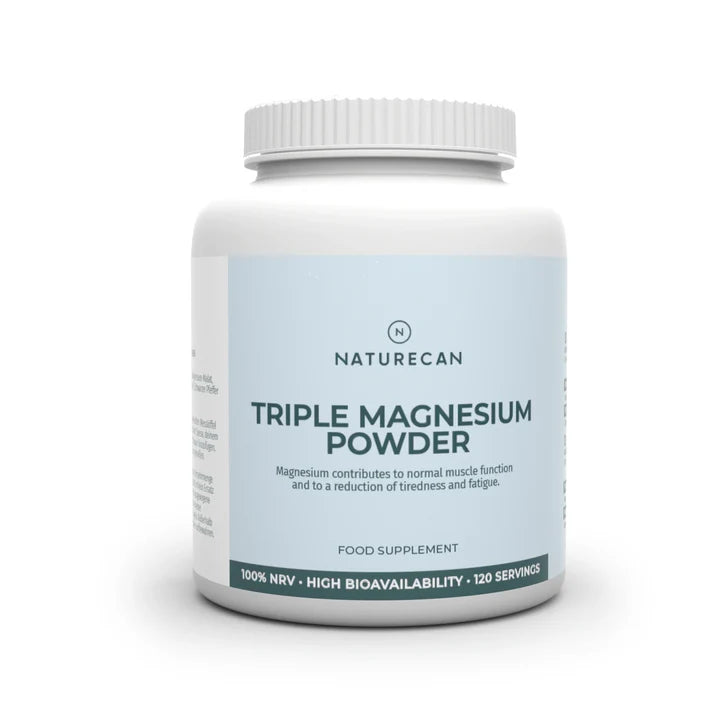 Naturecan Triple Magnesium Powder supplement bottle with 120 servings and high bioavailability.