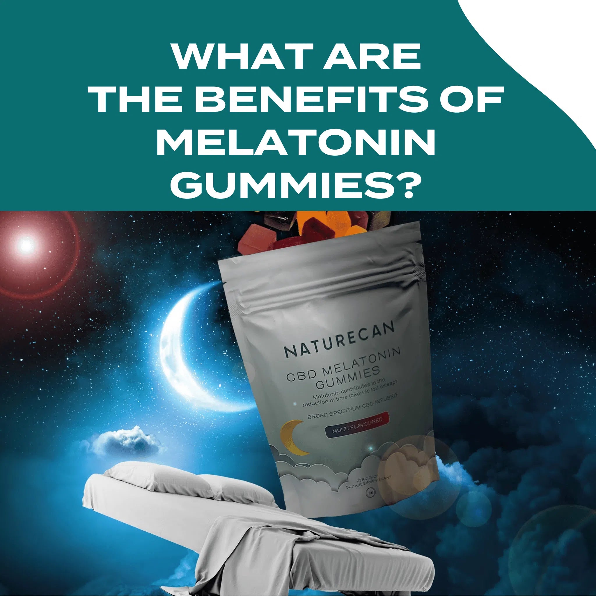 Naturecan CBD Melatonin Gummies packaging with a night sky and bed, highlighting benefits of melatonin.
