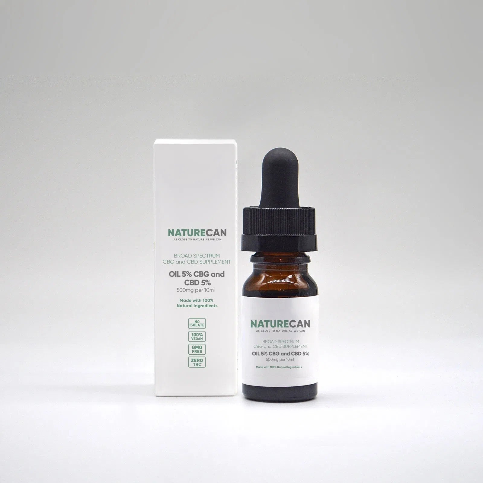 Naturecan CBD CBG oil packaging with a dropper bottle and white box, highlighting 5% concentration and natural ingredients.