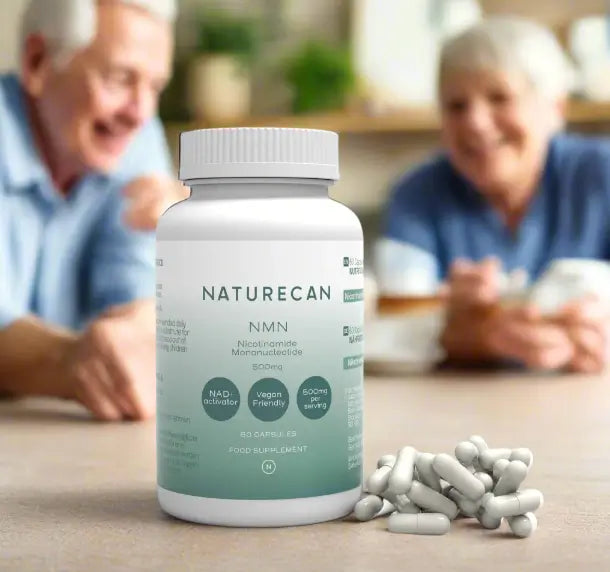 Naturecan NMN capsules bottle on a table, with two smiling elderly people in the background.