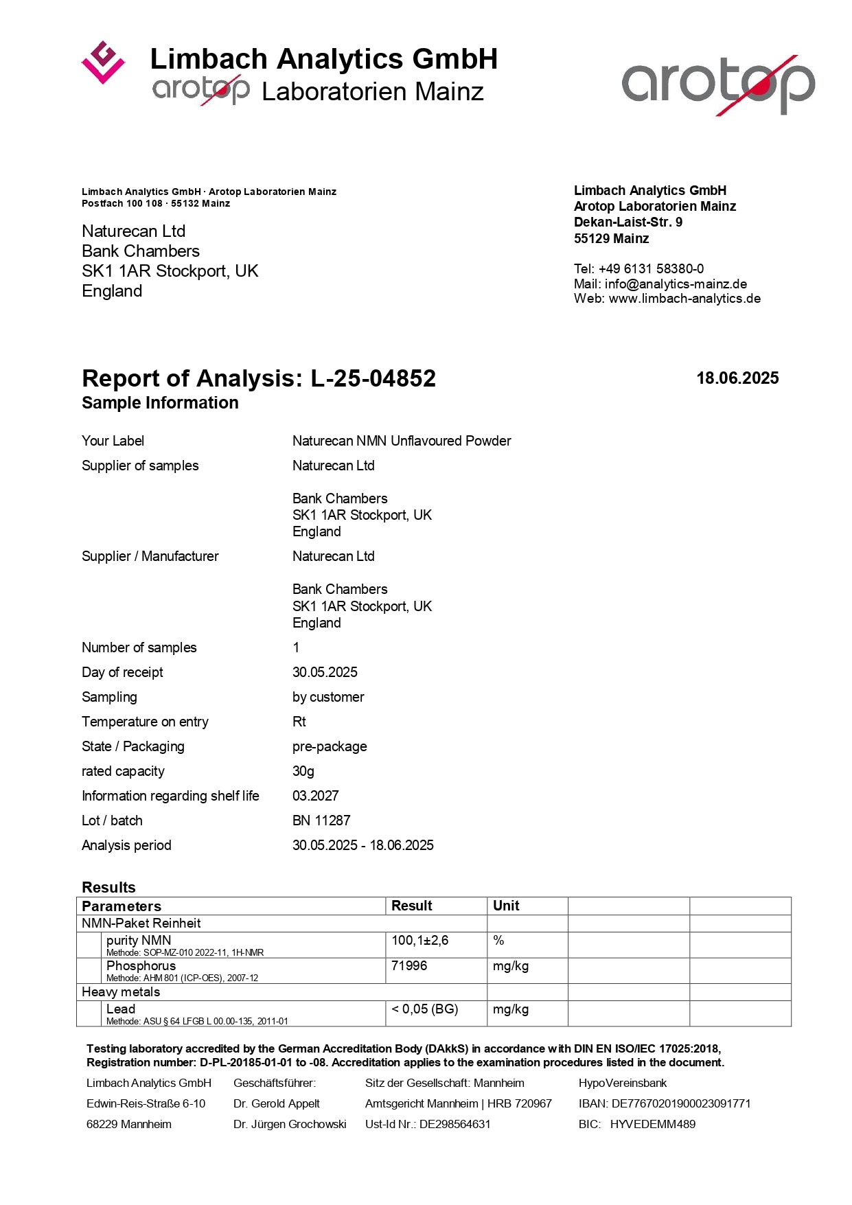 Certificate of analysis for Naturecan NMN Unflavoured Powder by Limbach Analytics GmbH, dated June 18, 2025.