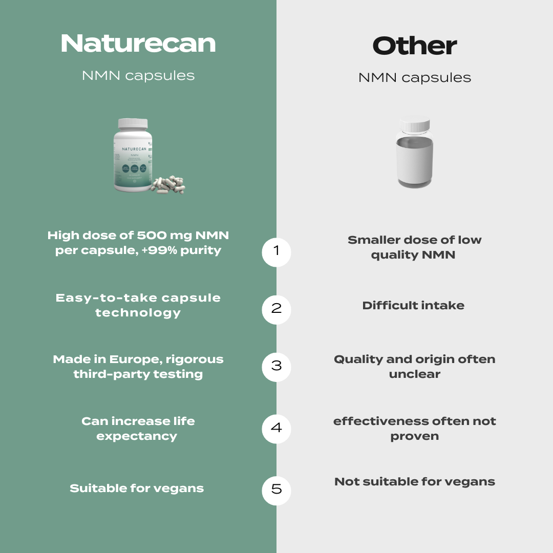 Comparison of Naturecan NMN capsules with other brands, highlighting dosage, purity, and vegan suitability.