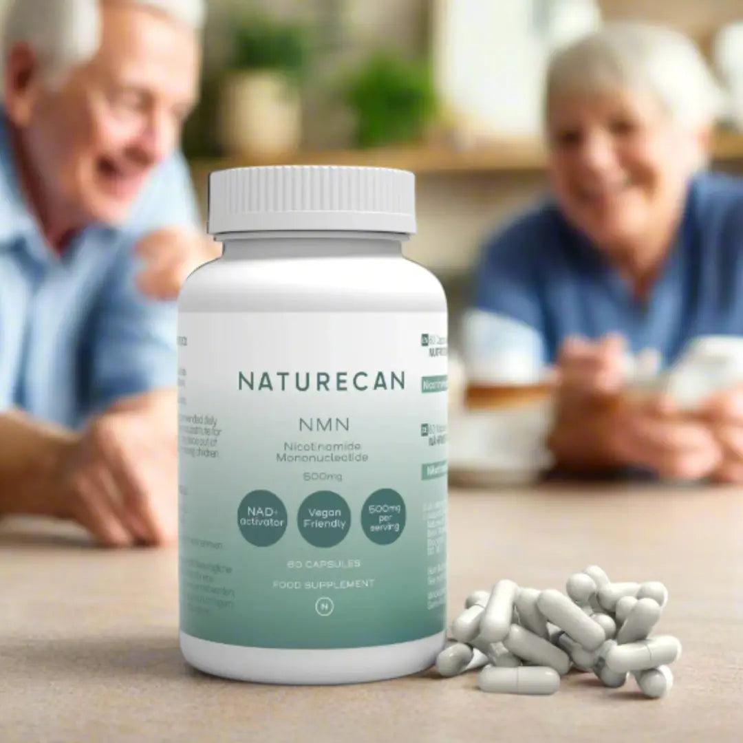 Naturecan NMN supplement bottle with capsules on a table, featuring elderly people in the background.