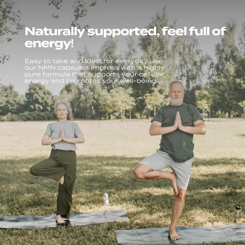 Two people practicing yoga outdoors with text promoting NMN supplements for energy.