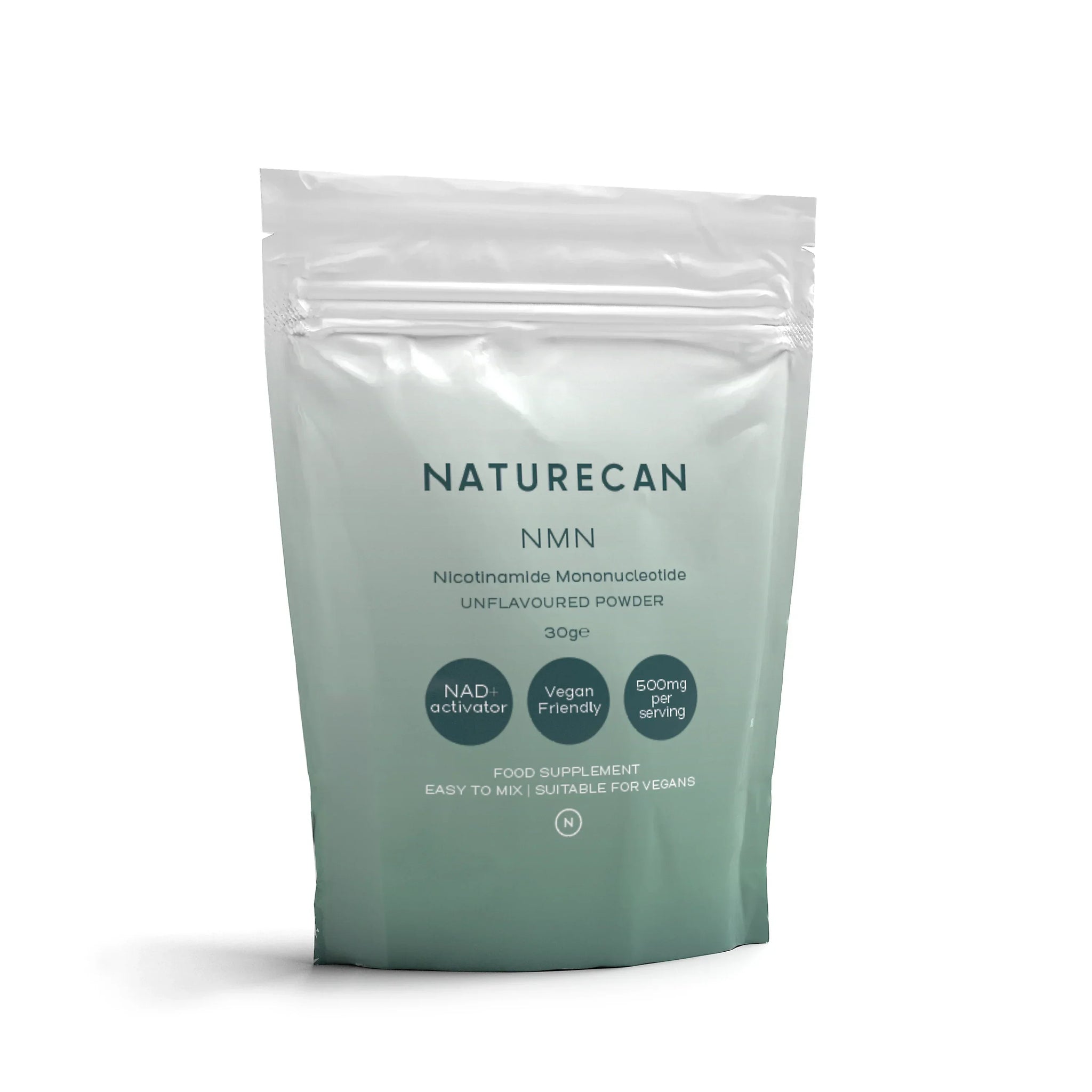 Naturecan NMN Nicotinamide Mononucleotide powder packaging, vegan-friendly and NAD+ activator.