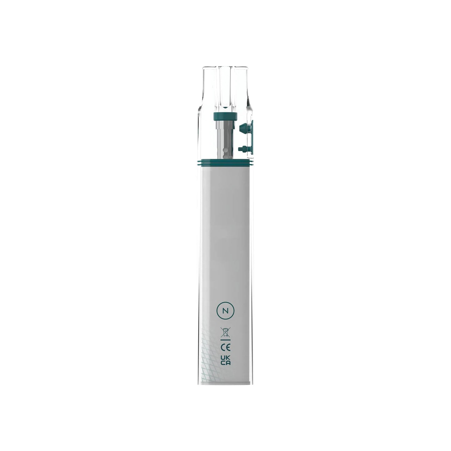 White rectangular device with a clear top, featuring teal accents and symbols at the base.