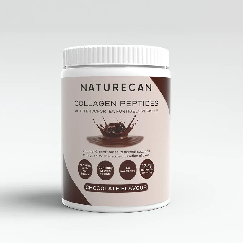 Naturecan chocolate flavour collagen peptides packaging with product benefits and splash graphic.