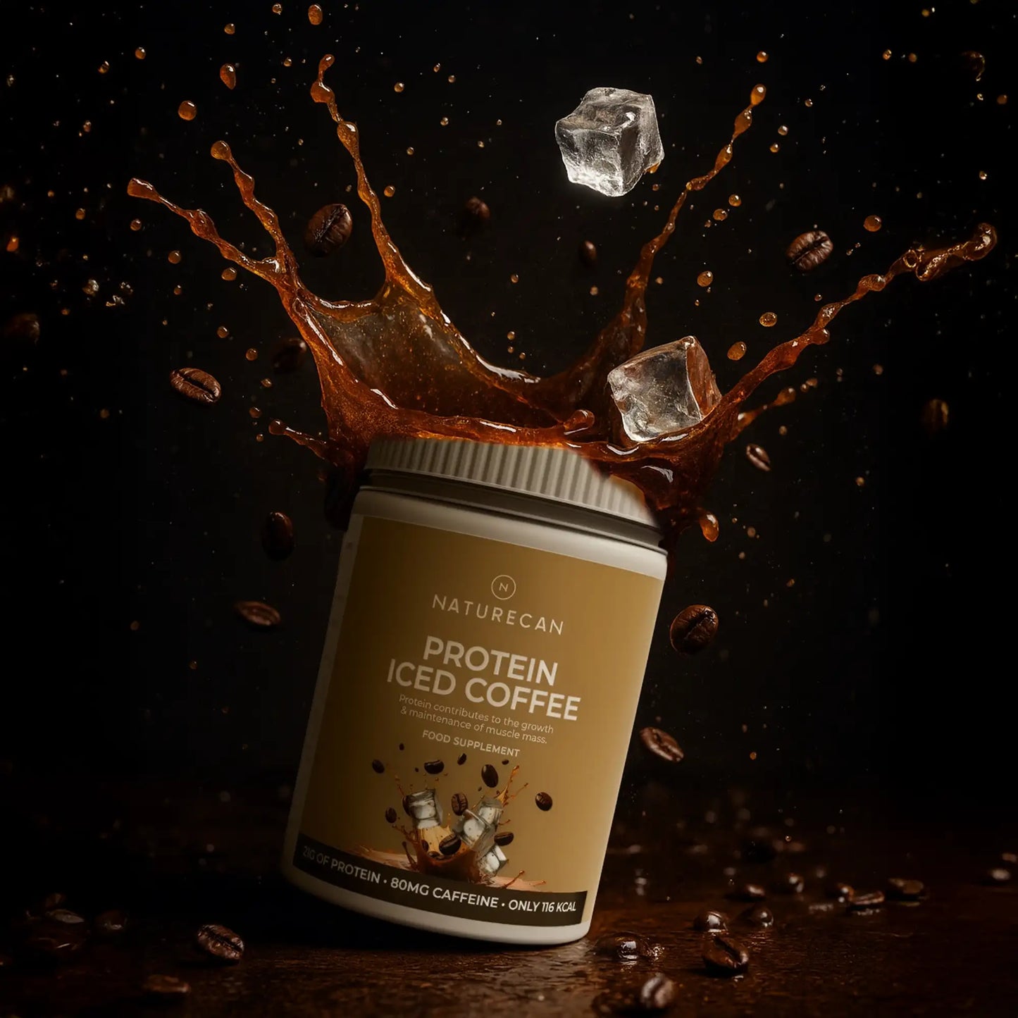 Naturecan Protein Iced Coffee can with splash, ice cubes, and coffee beans on a dark background.
