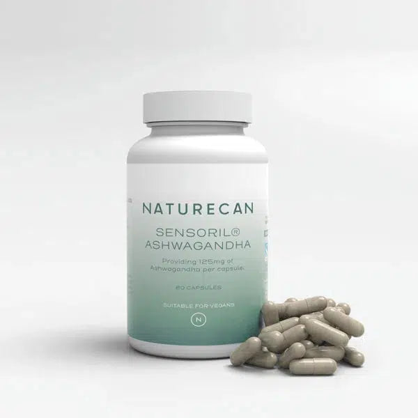 Naturecan Sensoril Ashwagandha bottle with capsules on a white background.