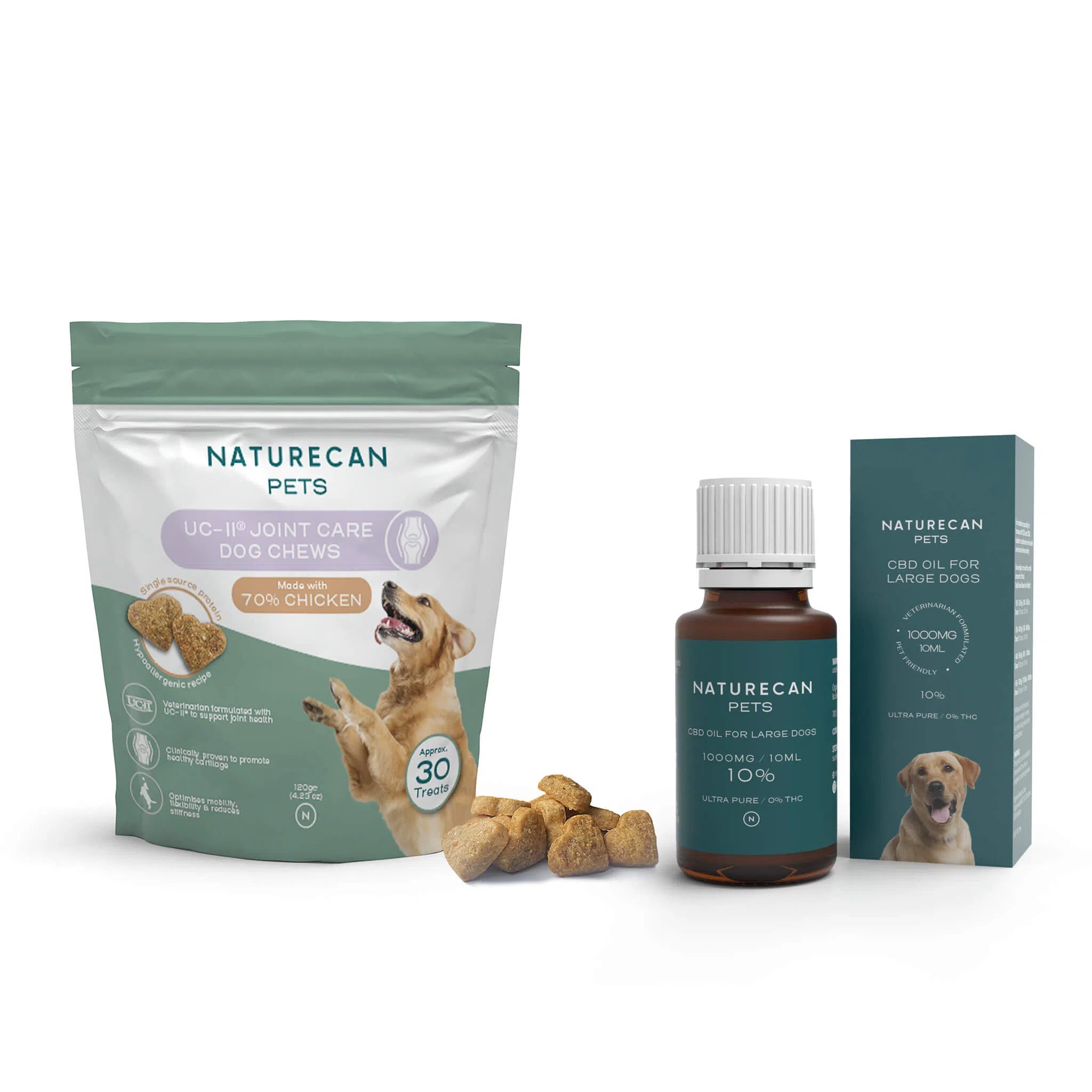 Naturecan Pets dog chews and CBD oil packaging featuring chicken treats and a bottle for large dogs.